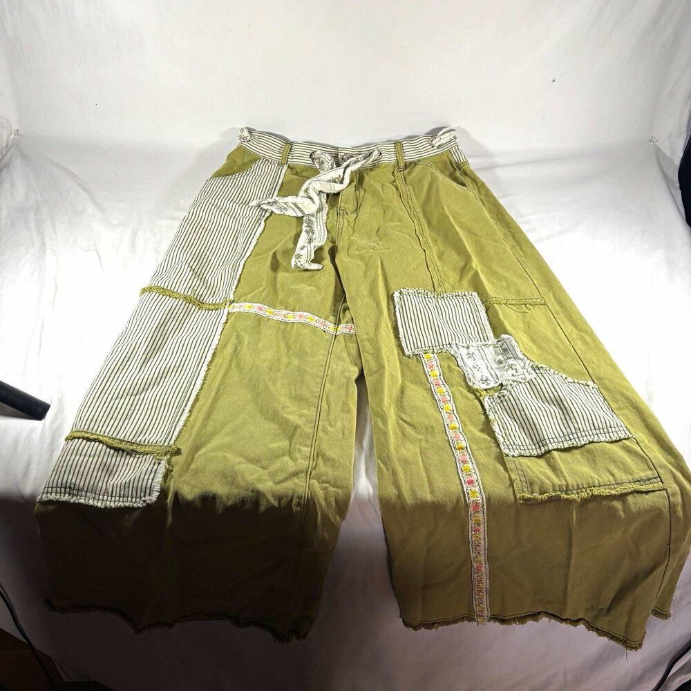 POL Womens Green Patchwork Striped Wide Leg Cotton Twill Pants Pockets M